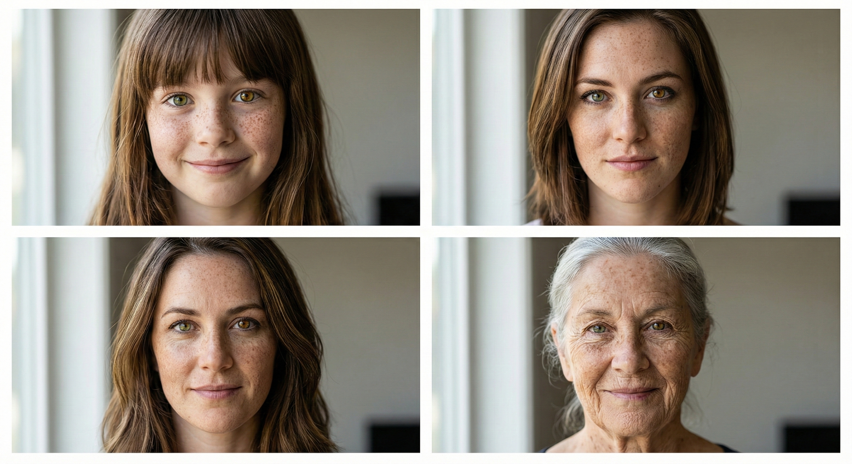 Aging portrait grid - same woman at 10, 20, 40, and 80
